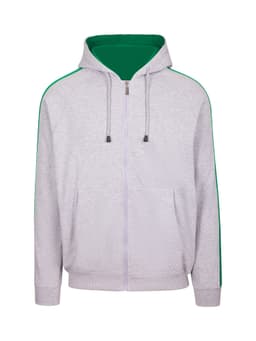 A grey hoodie with green stripes on the sleeves, featuring a zip closure and a front pocket.