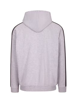 A grey hoodie with unbrushed material and black stripe details on the sleeves, featuring a hood.