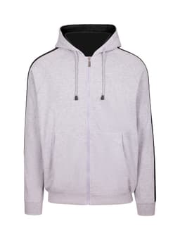 A grey men's unbrushed stripe sleeve hoodie with a black interior, featuring a zip front and pockets.