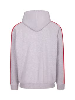A grey hoodie featuring unbrushed fabric with red stripe accents on the sleeves and a hood. It has a logo.