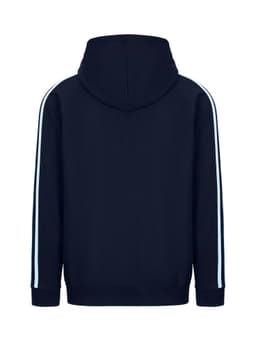A navy hoodie featuring unbrushed fabric and light blue stripe sleeves. Includes a hood and a logo.
