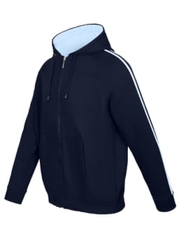 A navy blue hoodie featuring stripe sleeves, a front zipper, and a light blue interior. It has a logo on it.