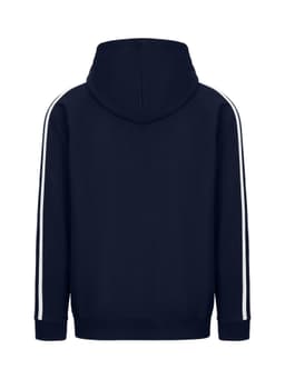 A navy hoodie with white stripe sleeves and a hood, featuring a logo on the back.