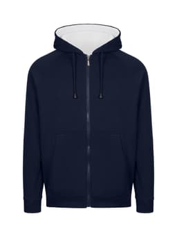 A navy unbrushed hoodie with a white-lined hood, featuring a zipper and front pockets. It has a logo on it.