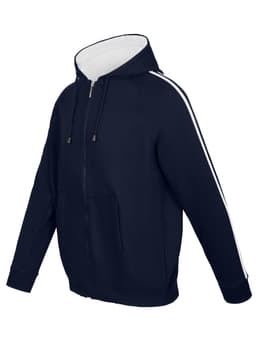 A navy hoodie with white stripe sleeves, featuring a front zipper and a hood, along with a front pocket and branding.