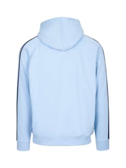 A light blue men's hoodie featuring black stripe details along the sleeves and a kangaroo pocket. It has a hood and ribbed cuffs.