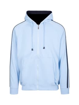 A light blue hoodie featuring black stripe detailing along the sleeves, with a front zip and two pockets.