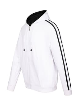 A white hoodie featuring black stripe sleeves, designed with a zip and a hood. It includes a logo on the garment.