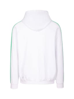 A hoodie in white with green stripe detailing along the sleeves and a drawstring hood. Features a logo.