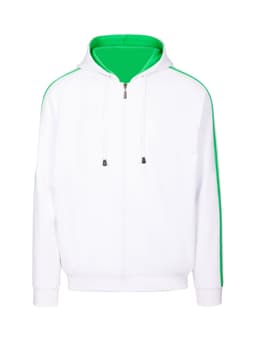 A white hoodie with green stripe sleeves and a contrasting green interior, featuring a front zip and pockets.