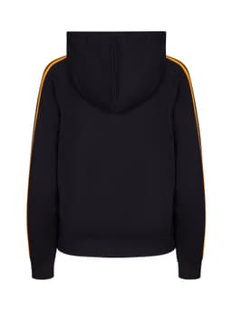 A black hoodie with orange stripe details on the sleeves and a hood, featuring a logo on the back.
