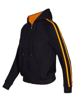 A black hoodie with orange stripe sleeves and a contrasting inner lining, featuring a zip closure and hood.