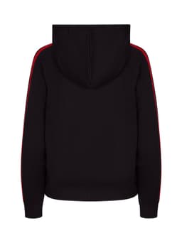 A black hoodie featuring red stripe sleeves and a hood. Includes a logo on the garment.