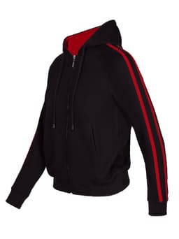 A black hoodie with red stripe sleeves and a red interior, featuring a zip closure and a hood.