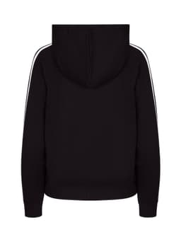 A black hoodie with stripe sleeves and a hood, featuring a logo on the back.