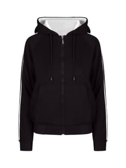 A black zip-up hoodie with white striped sleeves and a front pocket. It features a hood and a branded logo.