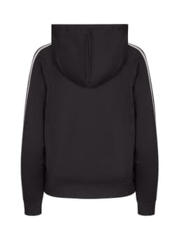 A black women's hoodie featuring stripe sleeves and a hood, designed as a casual jumper.