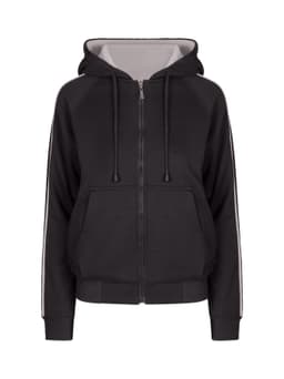 A black zip-up hoodie with striped sleeves and a front pocket, featuring a hood and drawstrings.