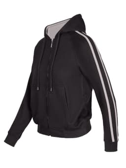 A black women's junior hoodie featuring striped sleeves and a front zip. It has a hood and side pockets.