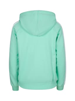 A mint green hoodie featuring striped sleeves and a hood, with a plain back and ribbed cuffs.
