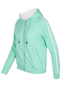 A mint green hoodie with white stripe sleeves and a front zip. It features a hood and front pockets.