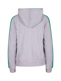 A grey hoodie with green stripe sleeves and a hood, featuring a logo on the back.