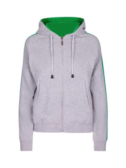A grey hoodie with green stripe sleeves, featuring a zip and hood, and a front pocket. It has a logo.