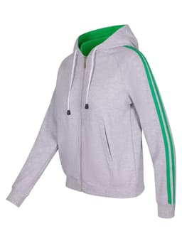 A grey hoodie with green stripe sleeves, featuring a zip front, pockets, and a green inner lining.