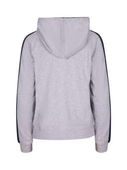 A grey women's hoodie with striped sleeves and a hood, featuring a logo on the back.