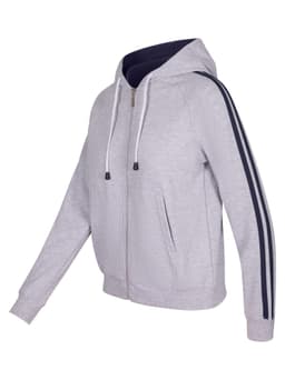 A grey women's hoodie with navy stripe sleeves and a front zipper, featuring a hood and pockets.