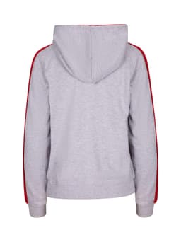 A grey women's hoodie with red stripe sleeves and a hood, featuring a logo on the back.