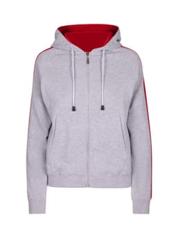 A grey hoodie featuring red stripe sleeves and a contrasting red inner lining, with a front zip and pockets.