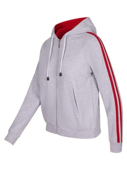 A grey hoodie with red stripes down the sleeves, featuring a zip closure and a red-lined hood.