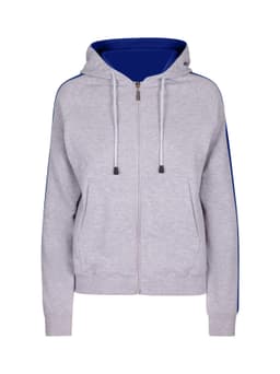 A grey hoodie with blue striped sleeves and a front zipper. Features a hood and pockets, and includes branding.