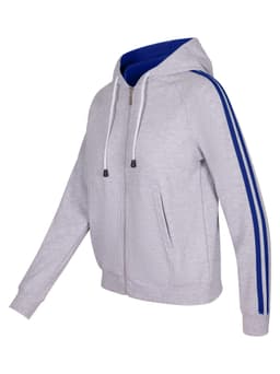 A grey women's hoodie with blue stripe sleeves, featuring a zip front and a hood. It includes a logo on the front.