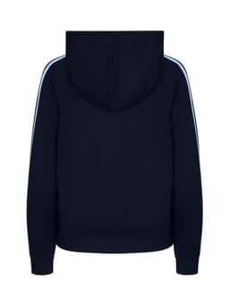 A navy hoodie with light blue striped sleeves and a kangaroo pocket, featuring a hood at the back.