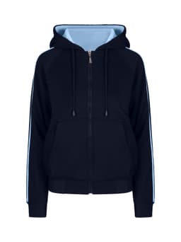 A navy blue hoodie with light blue stripe sleeves and a full front zip. It has a hood and two front pockets.
