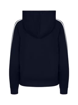 A navy blue women's hoodie featuring stripe sleeves and a hood, with a plain back.