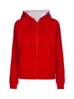 A red hoodie with stripe sleeves, featuring a front zip, pockets, and a drawstring hood. It includes a logo.