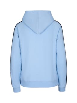 A light blue hoodie with black stripe sleeves and a kangaroo pocket, featuring a hood and a simple design.