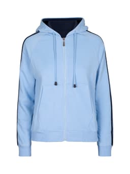 A light blue women's hoodie with stripe sleeves and a front zipper, featuring a hood and pockets.