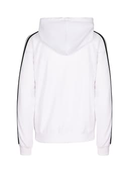 A white hoodie with black stripe sleeves and a hood, featuring a branded logo.