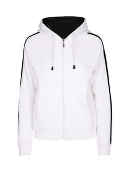 A white zip-up hoodie featuring black stripe sleeves and a hood. It has pockets and a branding logo.