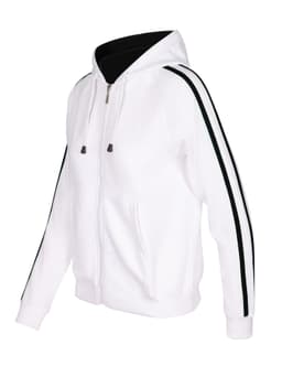 A white hoodie with black stripe sleeves, featuring a front zip and a large hood. The design includes a logo.