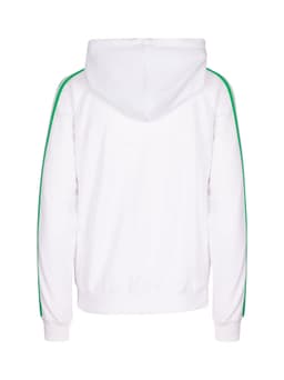 A white hoodie with green stripes on the sleeves and a drawstring hood, featuring a logo on the back.