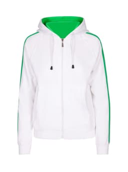 A white hoodie featuring green stripe sleeves and an inner lining, with a zip front and drawstring hood.