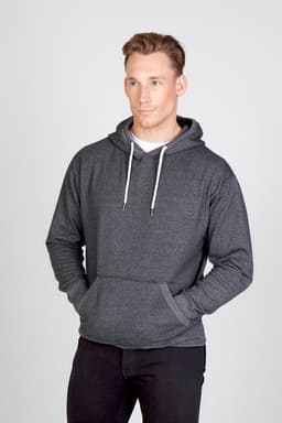 A grey heather hoodie with a front pocket and drawstring hood, featuring a logo.
