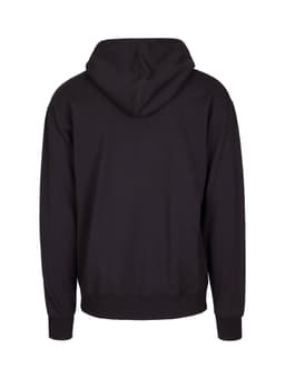 A black hoodie with a kangaroo pocket and a hood, featuring a small logo on the back.
