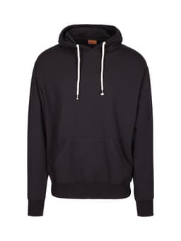 A black hoodie featuring a drawstring, front pocket, and a logo on the label area. Suitable for casual wear.