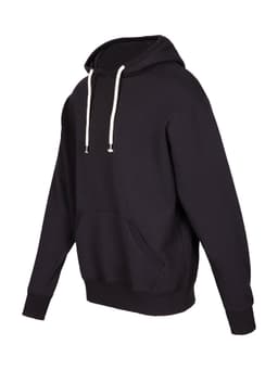 A black hoodie with a front pouch pocket and drawstrings, featuring a logo.